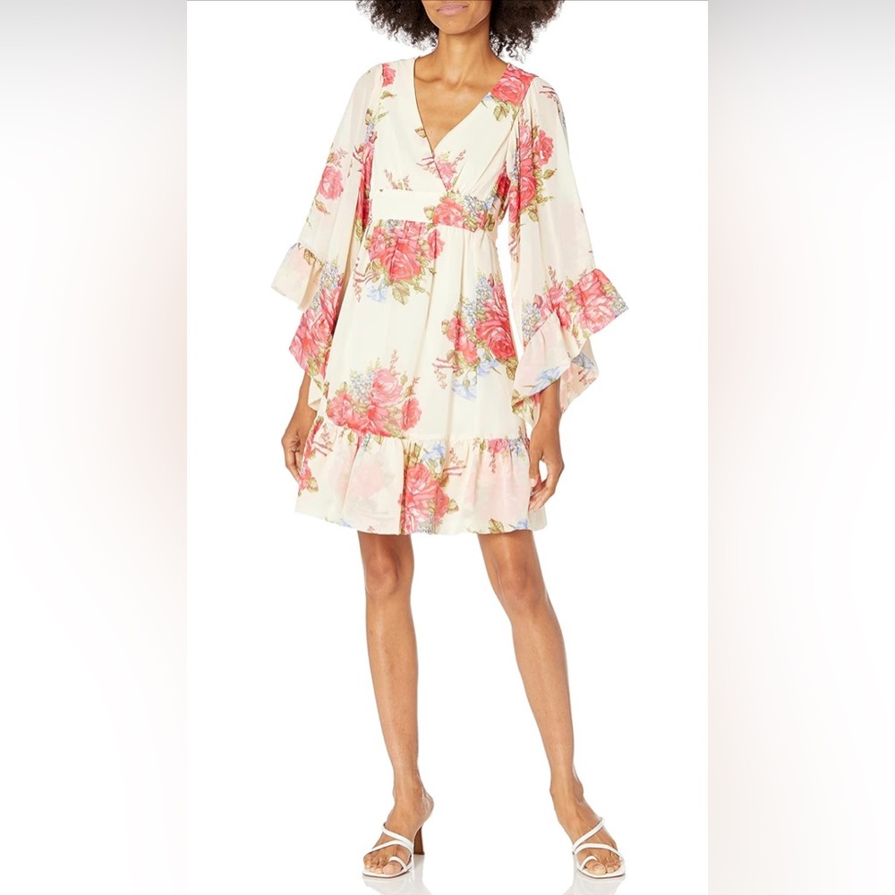 NWT Betsey Johnson Ivory Rose Boho Bell Sleeve V-Neck Floral Ruffle Dress Sz 10 - Picture 5 of 6